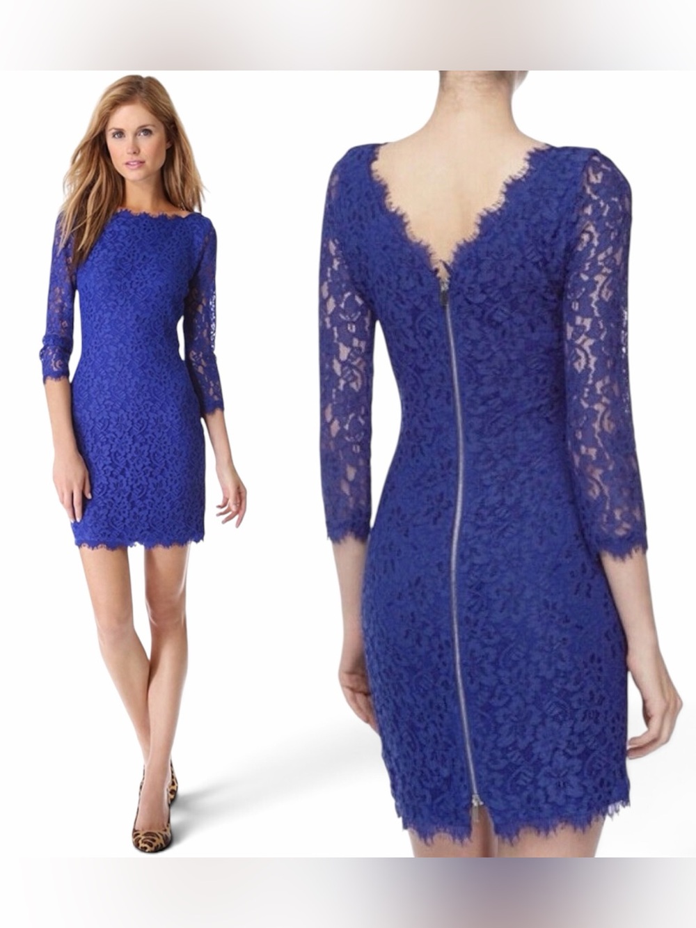 DIANE VON FURSTENBURG Zarita Royal Blue Lace Bodycon Mini Dress, Size 2